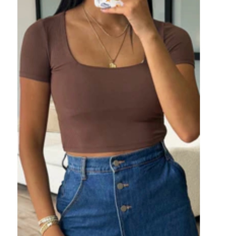Square Neck Ribbed Crop Top | Chocolate